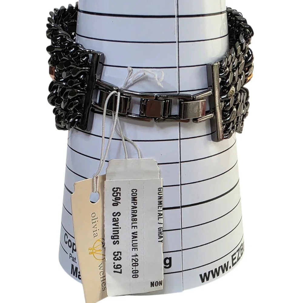 Chunky Modernist Statement  Bracelet Gunmetal Rhinestone Goth Dark Academia $120
